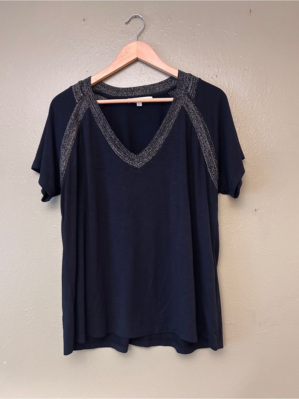 V-Neck Short Sleeve Top with Metallic Trim - Black Witchy Whimsigoth